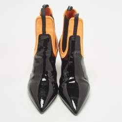 مملوكة مسبقًا Prada Size 39 Black/Orange Neoprene and Patent Leather Pointed Ankle Length Boots