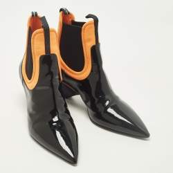 مملوكة مسبقًا Prada Size 39 Black/Orange Neoprene and Patent Leather Pointed Ankle Length Boots