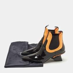 مملوكة مسبقًا Prada Size 39 Black/Orange Neoprene and Patent Leather Pointed Ankle Length Boots