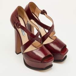 Pre Owned Prada Size 40 Burgundy Patent Leather Platform Ankle Strap Sandals