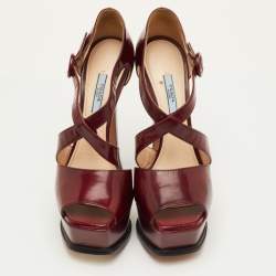 Pre Owned Prada Size 40 Burgundy Patent Leather Platform Ankle Strap Sandals