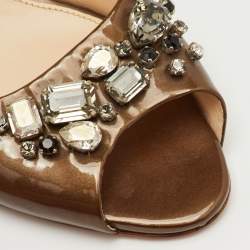 Pre Owned Prada Size 41.5 Brown Crystal Embellished Patent Leather Slide Sandals