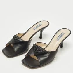 Pre Owned Prada Soft Size 40 Black Leather Flower Embellished Slide Sandals