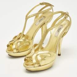 Pre Owned Prada Size 36.5 Metallic Gold Leather T Strap Platform Sandals