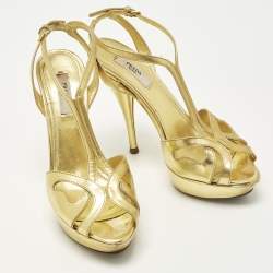 Pre Owned Prada Size 36.5 Metallic Gold Leather T Strap Platform Sandals