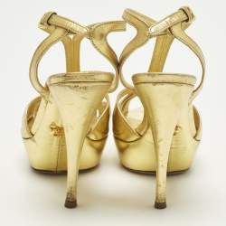 Pre Owned Prada Size 36.5 Metallic Gold Leather T Strap Platform Sandals