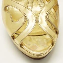 Pre Owned Prada Size 36.5 Metallic Gold Leather T Strap Platform Sandals