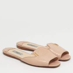 Pre Owned Prada Size 37.5 Beige Python Leather Flat Slides