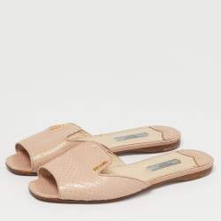 Pre Owned Prada Size 37.5 Beige Python Leather Flat Slides
