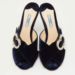مملوكة مسبقًا Prada Size 40.5 Navy Blue Velvet Crystal Embellished Slide Sandals