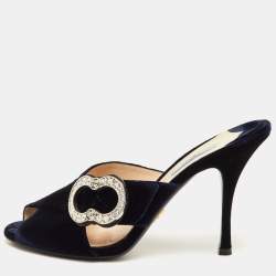 مملوكة مسبقًا Prada Size 40.5 Navy Blue Velvet Crystal Embellished Slide Sandals