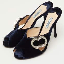 مملوكة مسبقًا Prada Size 40.5 Navy Blue Velvet Crystal Embellished Slide Sandals