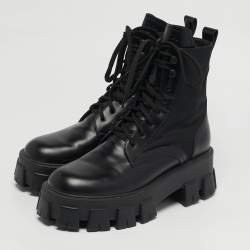 Pre Owned حذاء بوت للكاحل برادا مونوليت جلد أسود نعل سميك مقاس 40