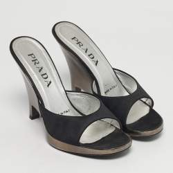 Pre Owned Prada Size 38.5 Black Satin Wedge Sandals