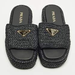 Pre Owned حذاء سلايدز برادا فلات أسود رافيا مثلث شعار مقاس 37