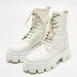 Pre Owned Prada Monolith Size 39 White Leather and Nylon Combat Boots