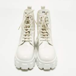 Pre Owned Prada Monolith Size 39 White Leather and Nylon Combat Boots