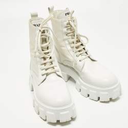 Pre Owned Prada Monolith Size 39 White Leather and Nylon Combat Boots