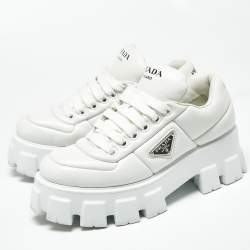 Pre Owned حذاء رياضي برادا مونوليث جلد أبيض رباط علوي مقاس 39