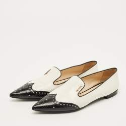 مملوكة مسبقًا Prada Size 40 Silver/Black Leather Brogue Pointed Toe Smoking Slippers