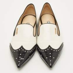 مملوكة مسبقًا Prada Size 40 Silver/Black Leather Brogue Pointed Toe Smoking Slippers