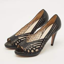 Pre Owned Prada Size 40 Black Woven Leather Peep Toe Pumps