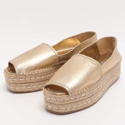 مملوكة مسبقًا Prada Size 38 Gold Leather Peep Toe Platform Espadrille Flats