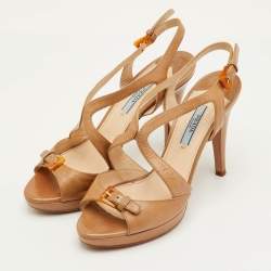 Pre Owned Prada Size 37 Beige Leather Platform Ankle Strap Sandals