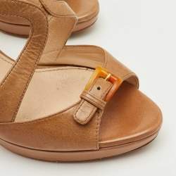 Pre Owned Prada Size 37 Beige Leather Platform Ankle Strap Sandals