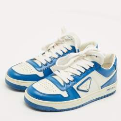 مملوكة مسبقًا حذاء رياضي برادا داونتاون جلد أزرق/أبيض بعنق منخفض مقاس 36.5