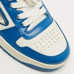 مملوكة مسبقًا حذاء رياضي برادا داونتاون جلد أزرق/أبيض بعنق منخفض مقاس 36.5