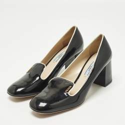 مملوكة مسبقًا حذاء كعب عالي لوفرز برادا بكعب سميك جلد لامع أسود مقاس 39