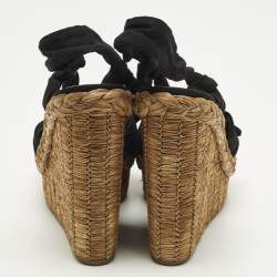 مملوكة مسبقًا Prada Size 39.5 Black Fabric and Raffia Wedge Sandals