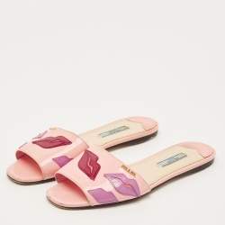 Pre Owned Prada Motif Size 37.5 Pink Patent Leather Flat Sandals
