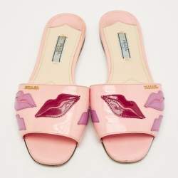 Pre Owned Prada Motif Size 37.5 Pink Patent Leather Flat Sandals