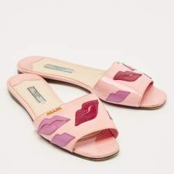 Pre Owned Prada Motif Size 37.5 Pink Patent Leather Flat Sandals