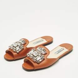 Pre Owned Prada Size 36 Orange Saffiano Leather Crystals Embellished Flat Slide