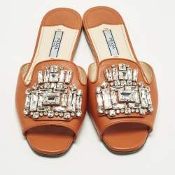 Pre Owned Prada Size 36 Orange Saffiano Leather Crystals Embellished Flat Slide