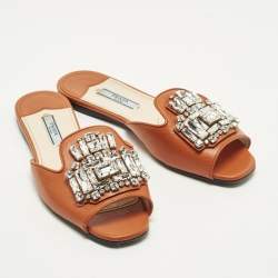 Pre Owned Prada Size 36 Orange Saffiano Leather Crystals Embellished Flat Slide