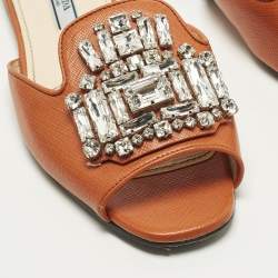 Pre Owned Prada Size 36 Orange Saffiano Leather Crystals Embellished Flat Slide