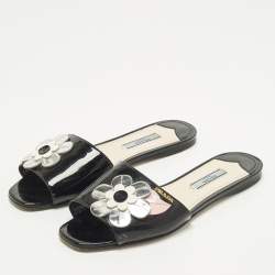 Pre Owned Prada Motif Flower Size 37 Black Patent Leather Flat Slide