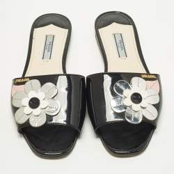 Pre Owned Prada Motif Flower Size 37 Black Patent Leather Flat Slide