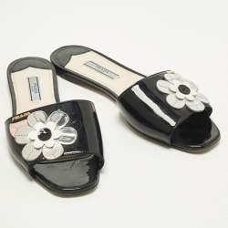 Pre Owned Prada Motif Flower Size 37 Black Patent Leather Flat Slide