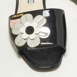 Pre Owned Prada Motif Flower Size 37 Black Patent Leather Flat Slide