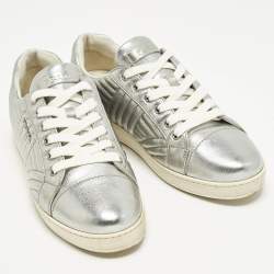 Pre Owned Prada Size 39.5 Silver Diagramme Leather Low Top Sneakers