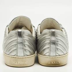Pre Owned Prada Size 39.5 Silver Diagramme Leather Low Top Sneakers