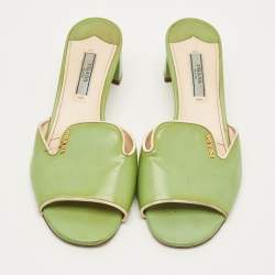 Pre Owned صندل سلايد برادا جلد لامع سافيانو بيج كعب سميك مقاس 39