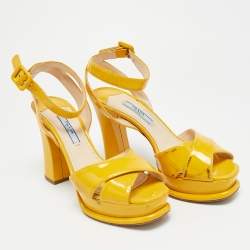 مملوكة مسبقًا Prada Size 36.5 Yellow Patent Leather Crisscross Ankle Strap Sandals