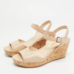 Pre Owned Prada Size 39 Beige Patent Leather Cork Wedge Sandals