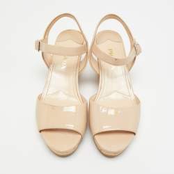 Pre Owned Prada Size 39 Beige Patent Leather Cork Wedge Sandals